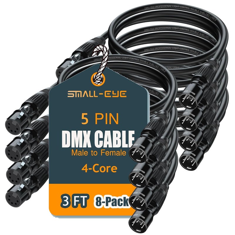 SMALL-EYE 5 Pin DMX Cable 3 ft 8 Pack – 4-Core Male to Female Stage Lighting DMX512 Cable (3') - Image 1